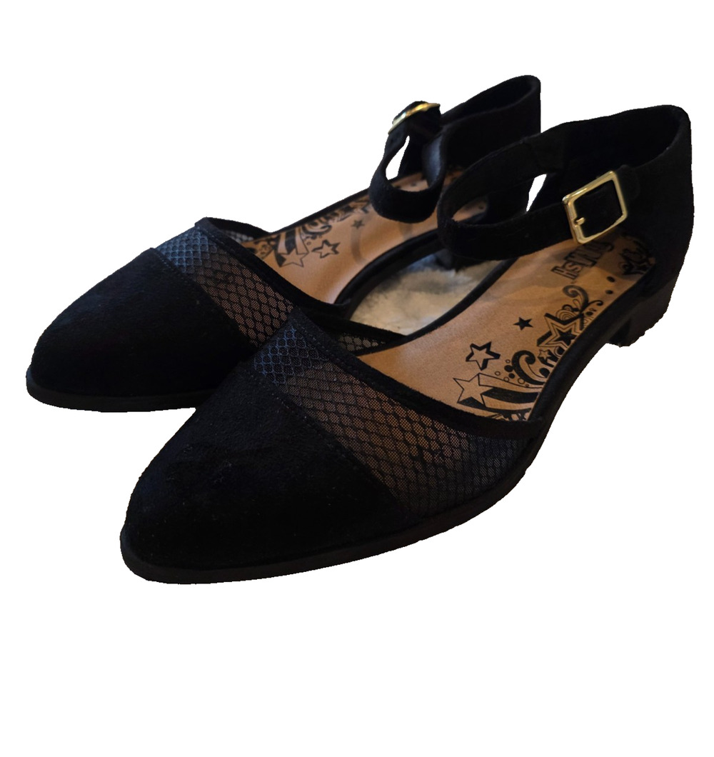 Brash Gothic Flats Sandal Women 8 Black Pointed Toe Mesh Ankle Strap Gold Buckle